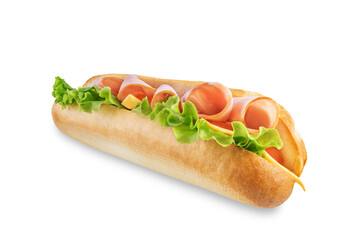 Sandwich with ham, cheese and tomato on a white isolated background