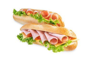 Sandwich with ham, cheese and tomato on a white isolated background