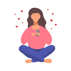 Young smiling happy woman chatting with boyfriend. Love concept. Vector cartoon illustration of phone conversation