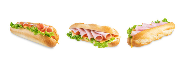 Sandwich with ham, cheese and tomato on a white isolated background
