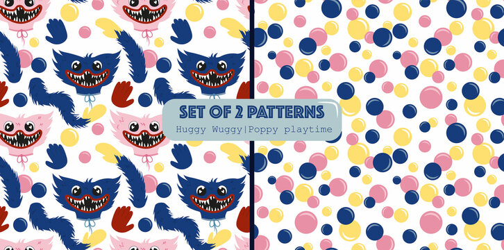 A set of seamless patterns about the game poppy playtime. Huggy Wuggy and Kissy Missy toy characters. 2 hand drawn patterns with popular characters and balls. Funny children's patterns with monsters. 