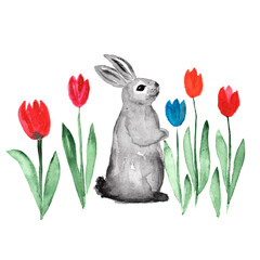 watercolor rabbit in tulips, easter bunny with flower arrangement. easter and spring greeting card