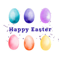 easter and spring greeting card with colorful eggs and paint splatter, easter card with happy...