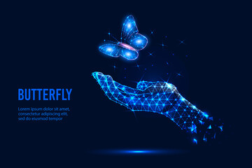 Futuristic vector illustration with a glowing low-poly hand and a flying butterfly isolated on a dark blue background. The concept of people's connection with nature. Wire frame mesh design.
