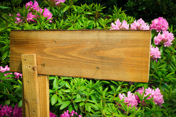 Rustic blank wooden signpost in the garden in front of a flower bed