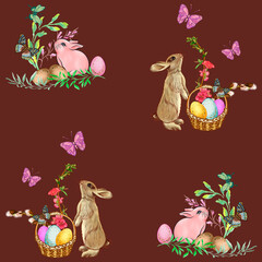 Fototapeta premium Rabbits and butterflies, seamless background, Easter holiday.