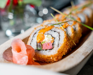 delicious breaded sushi roll with fresh ingredients
