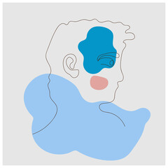 Line man vector background set in linear art. Fashion templates with man face, color texture elements in modern simple outline style.