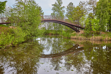 Obraz premium Evening landscape on the banks of the river in the park.