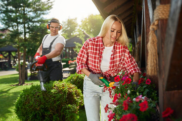 Beautiful woman in gloves working with gardening scissors near flowers while caucasian man trimming...