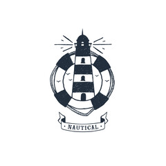 Hand drawn inspirational label with yacht and lifebuoy textured vector illustrations and "Explorer" lettering. 