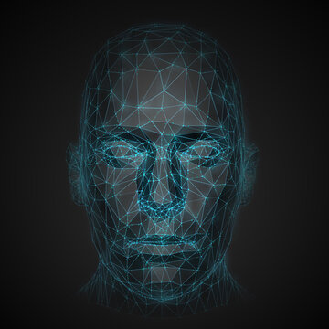 Front View of Futuristic Mesh Polygonal Human Head Over Black Background