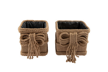 linen yarn box. Jute Rope Bag, Basket, Natural Jute Twine Bag, Baskets, Crochet eco boxes for home and decor, Handmade isolated on white background.