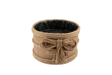 linen yarn box. Jute Rope Bag, Basket, Natural Jute Twine Bag, Baskets, Crochet eco boxes for home and decor, Handmade isolated on white background.