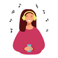 Beautiful young girl in headphones listening to favorite music and smiling. Melomaniac, music lover, fan. Woman enjoying songs in headset and smartphone, Flat vector illustration
