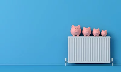 Fotobehang Piggy bank money saving box with a radiator. household heating cost concept. 3D Rendering © ink drop