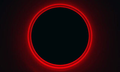Still red neon rings frame black hole. Hazy gradient creates steam. Dark cosmic round portal into infinity. Glowing circle, orbit, eclipse or burrow. Great as cover print, decorative element, template - 487216094