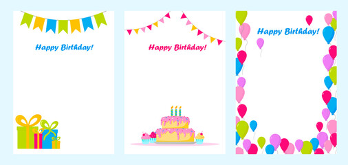 Happy birthday and invitation cards with cake, candles, gift boxes, balloons and garlands. Colorful vector illustration