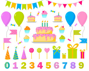 Birthday party items. Colorful balloons, birthday cake, cupcakes, lollipops, gift boxes, flags, garlands, numbers. Isolated vector illustration signs set