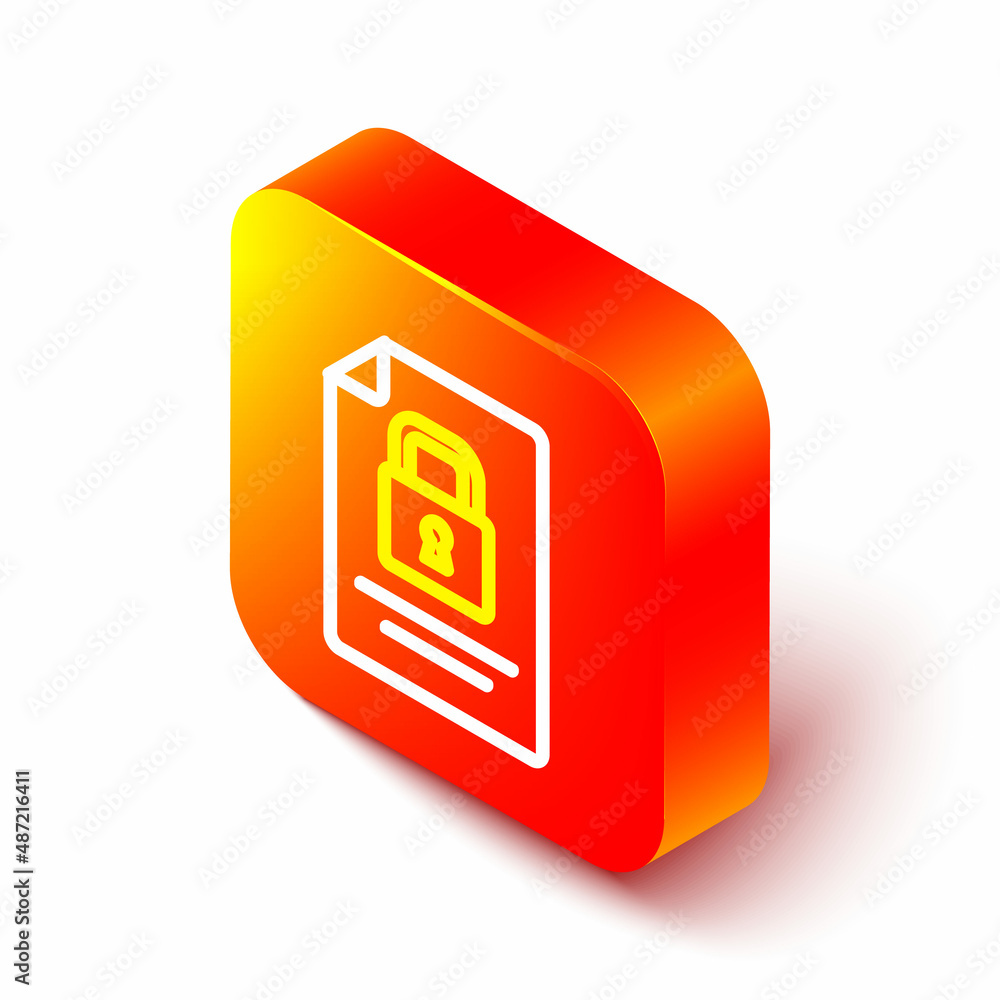 Poster isometric line document and lock icon isolated on white background. file format and padlock. securit