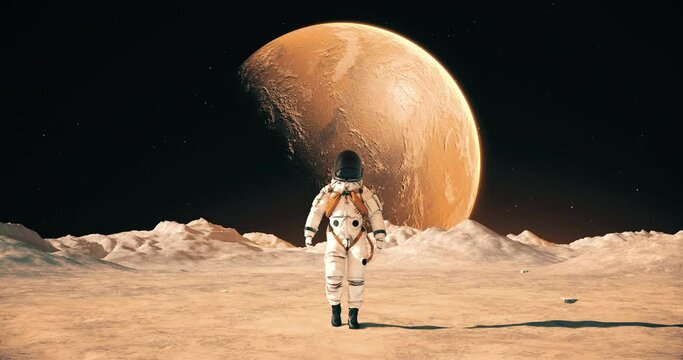 Astronaut Walking On A Planet Surface. Making First Steps. Mars Colonization Concept. Space Related Majestic Scene.