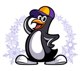 Cartoon style penguin with baseball cap, cartoon character isolated on white background.