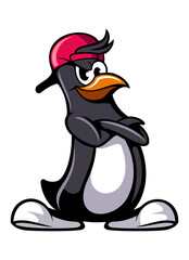 Cartoon style penguin with baseball cap, cartoon character isolated on white background.