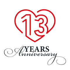 13 years anniversary celebration number thirteen bounded by a loving heart red modern love line design logo icon white background