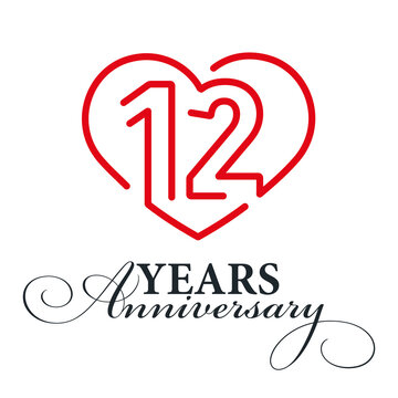 12 years anniversary celebration number twelve bounded by a loving heart red modern love line design logo icon white background