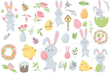 Obraz premium Cute vector easter set. Multicolored eggs, plants, rabbit and chickens, insects, spring elements for design on a white background
