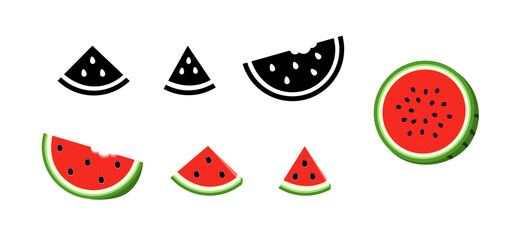 Set watermelon icons black and red color. Half and whole, round piece, and triangular slice.