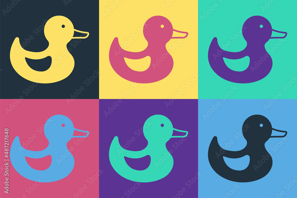 Poster pop art rubber duck icon isolated on color background. vector