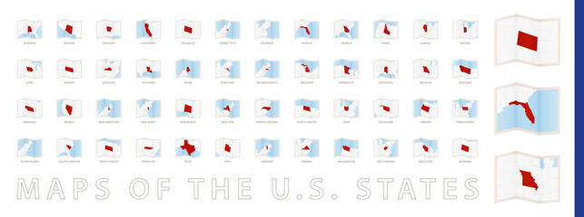 Fototapeta na wymiar Collection of folding maps of the USA States, a map with two folds.