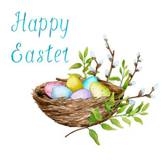 Bird's nest with multi-colored Easter eggs, branch decor and the inscription Happy Easter. Hand drawn watercolor illustration isolated on white background. Easter card.