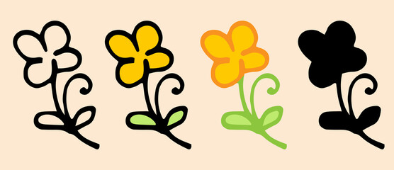 a set of simple doodle yellow colors. a hand-drawn flower simple of four petals with curls and leaves, isolated contour and silhouette on a light for a design template