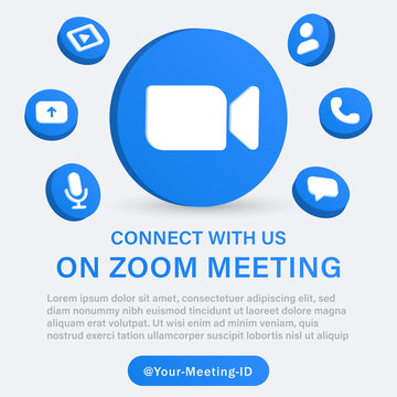 Follow Us On Zoom Meeting In 3d Logo With Social Media Notification Icons Call Message Voice Watch Learn Follower Icon In 3d Circle Frame. Connect With Us On Zoom Or Join Us On Social Media Banners