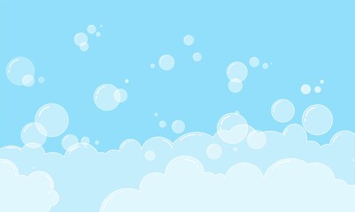 Foam and soap bubbles. Shampoo for washing in the bathroom. Bright blue background with rounded shapes. Vector illustration.	
