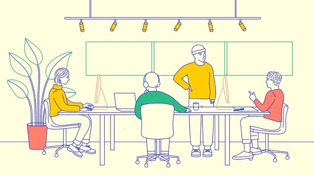 Inspiring Digital Art Illustration Of Four People Working Together At A Shared Desk In An Open Plan Office With Vibrant Colors Including Yellow And Green