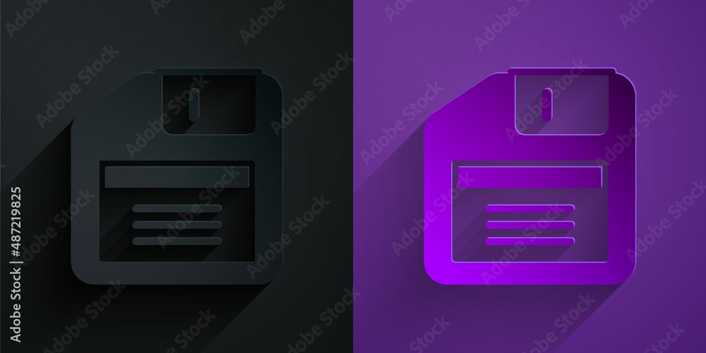 Poster paper cut floppy disk for computer data storage icon isolated on black on purple background. diskett
