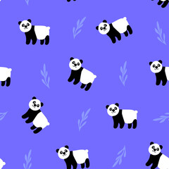 Fototapeta premium Seamless pattern with cute hand drawn giant panda,childish illustration for wallpaper,fabric,baby nursery,interior design,chinese symbol,simple print for backdrop,accessories and decoration.