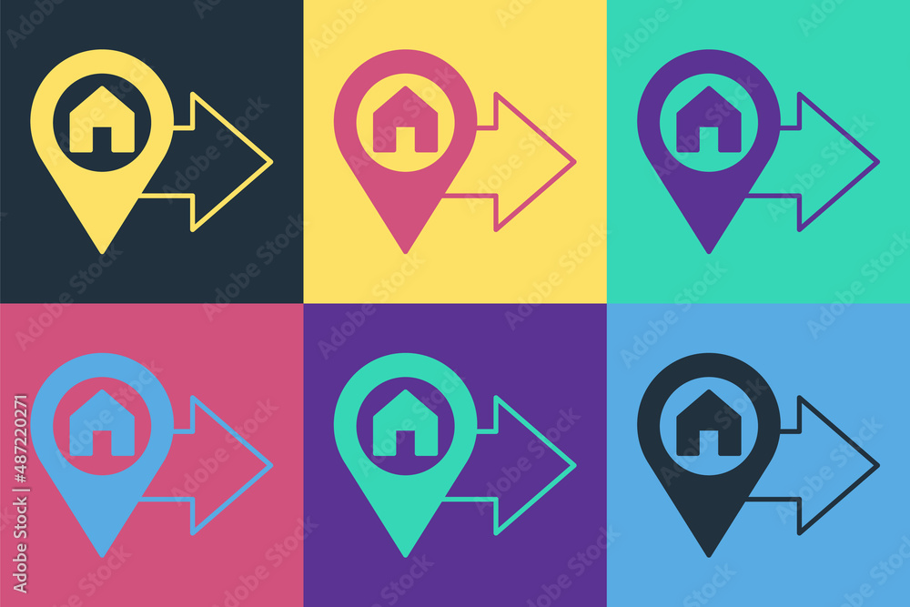 Poster pop art map pointer with house icon isolated on color background. home location marker symbol. vecto