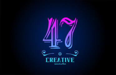 47 pink number logo icon design. Creative vintage template for business and company