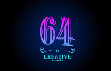 64 pink number logo icon design. Creative vintage template for business and company