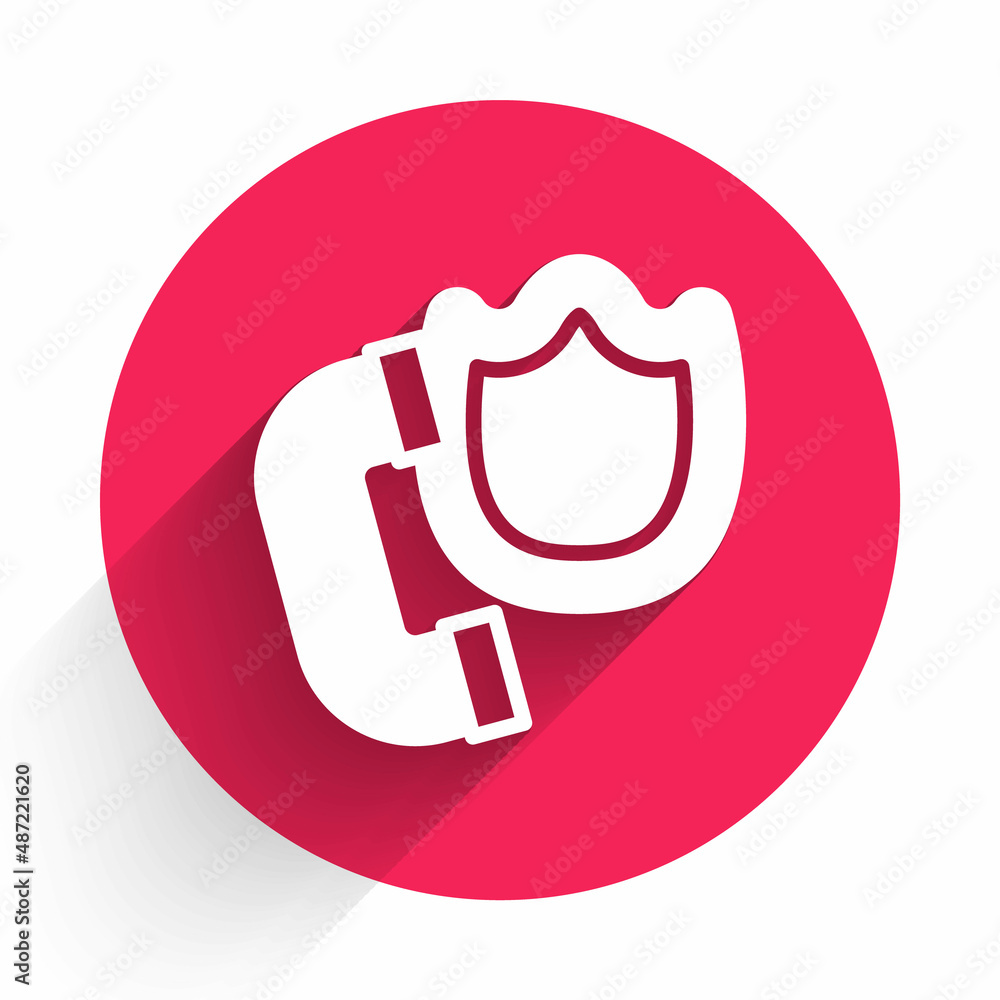 Poster white telephone handset with security shield icon isolated with long shadow background. phone sign. 