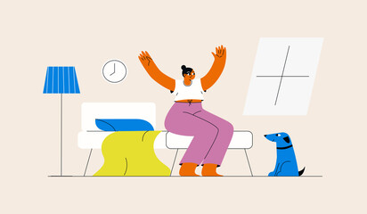 Happy woman waking up in morning. Person sitting on bed and stretching arms. Flat vector illustration, wellness concept.