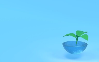 3DCG　若葉と水のプランター、SDGsの環境保護のイメージ、コピースペースつき