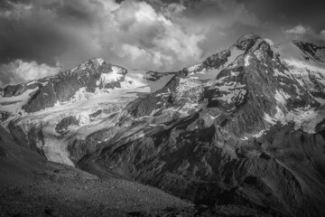 Glaciers at the foot of the Palla Bianca peak, Alto Adige - Sudtirol, Italy. Popular mountain for climbers. Palla Bianca is the second highest mountain in the Alto Adige region. Black and white image