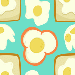Fried eggs in pepper and on toast hand drawn vector seamless pattern. Morning breakfast fried eggs