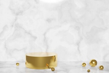 pedestal display with gold cylinders and spheres with abstract marble floor with box stand concept. Podium for brand promotion products, realistic 3d digital rendering