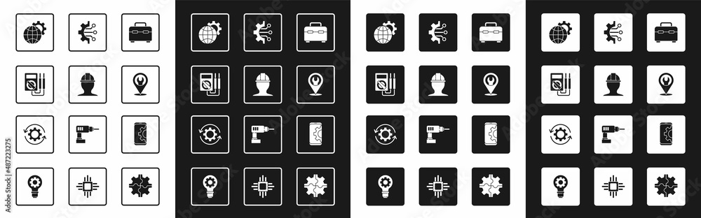 Poster set toolbox, worker safety helmet, multimeter, globe of the earth and gear, location with wrench spa